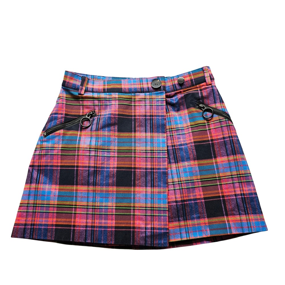 Urban Outfitters Plaid Wrap Mini Skirt Small Multicolor Zip Pocket Ring Pull UO